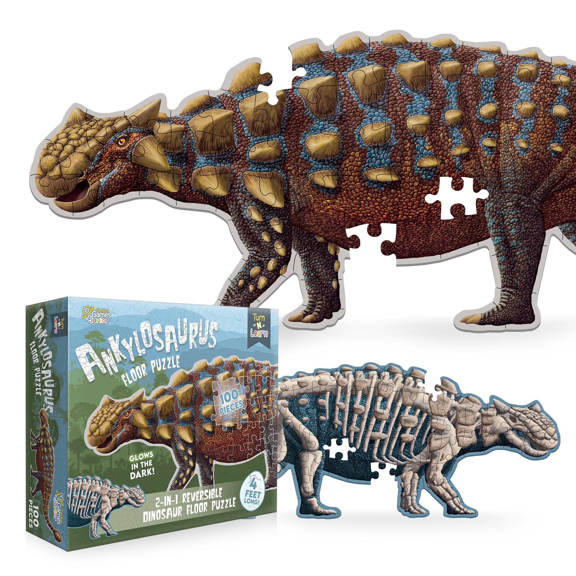 Ankylosaurus Dinosaur Jigsaw Puzzle - 4FT Double Sided Floor Puzzle - 100-Piece Glow in the Dark & Scientifically Accurate Educational Puzzles for Kids
